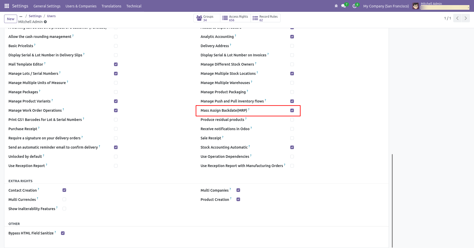 Odoo MRP settings with mass backdate