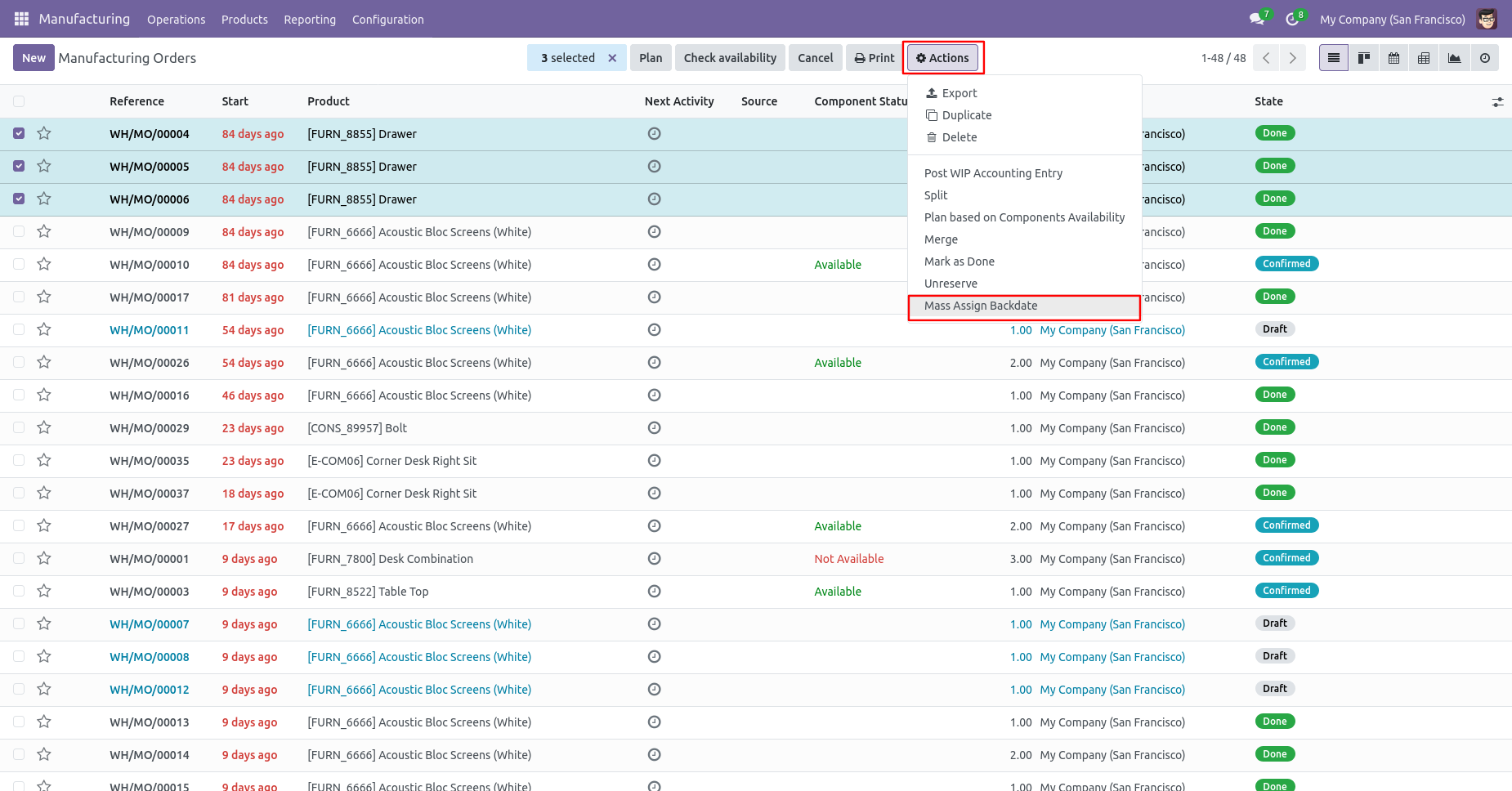 Odoo MRP order list with Mass Assign Backdate