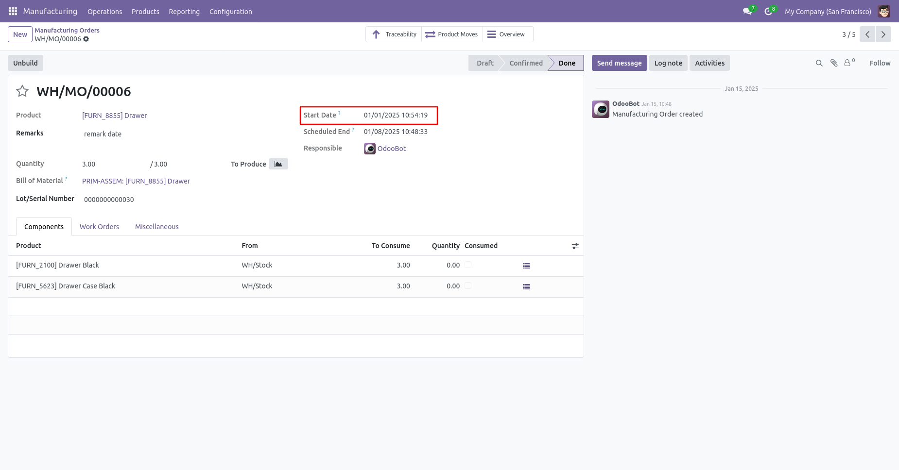 Odoo MRP order with backdate and remarks