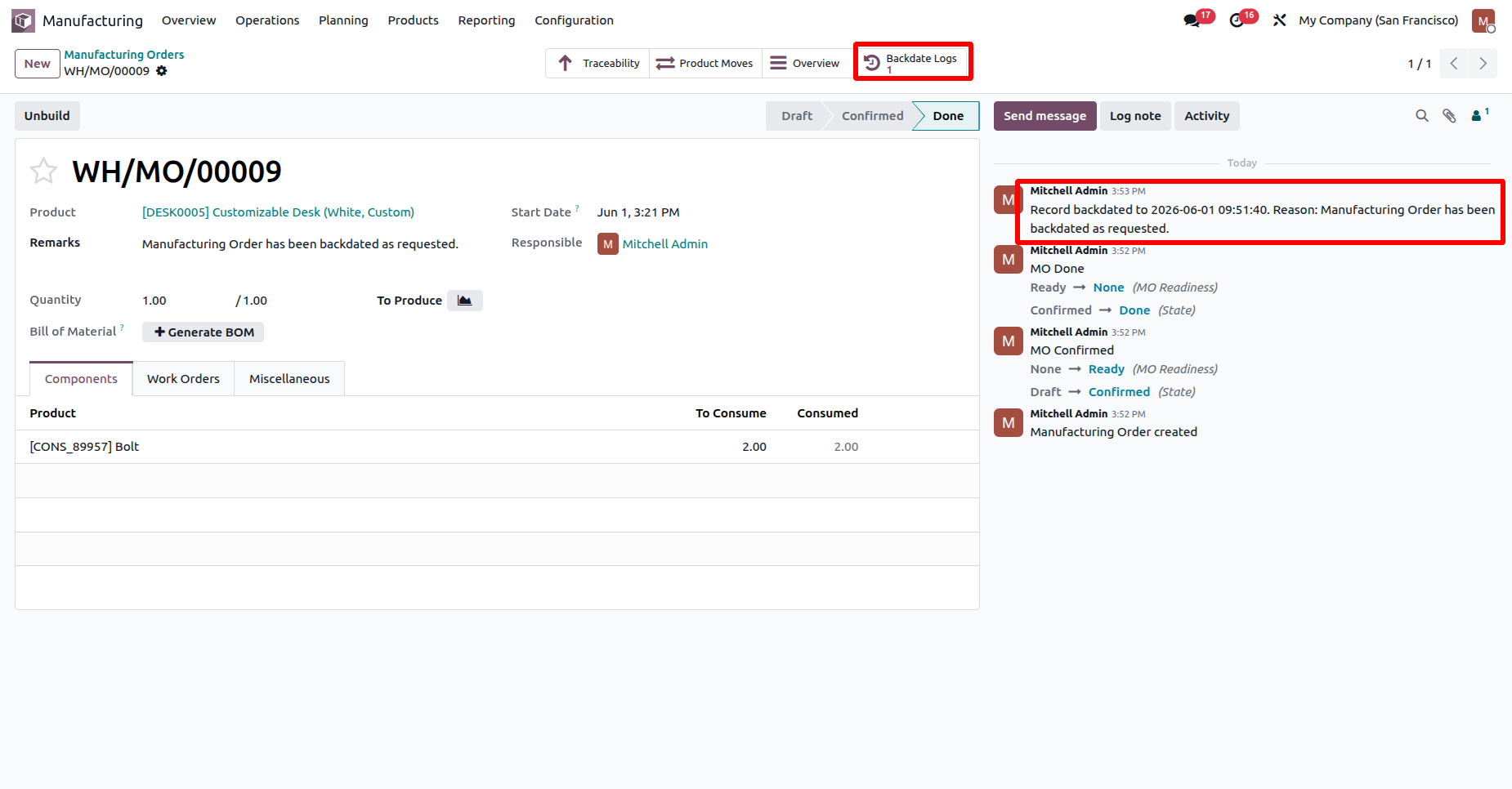 Odoo MRP order with Backdate Logs