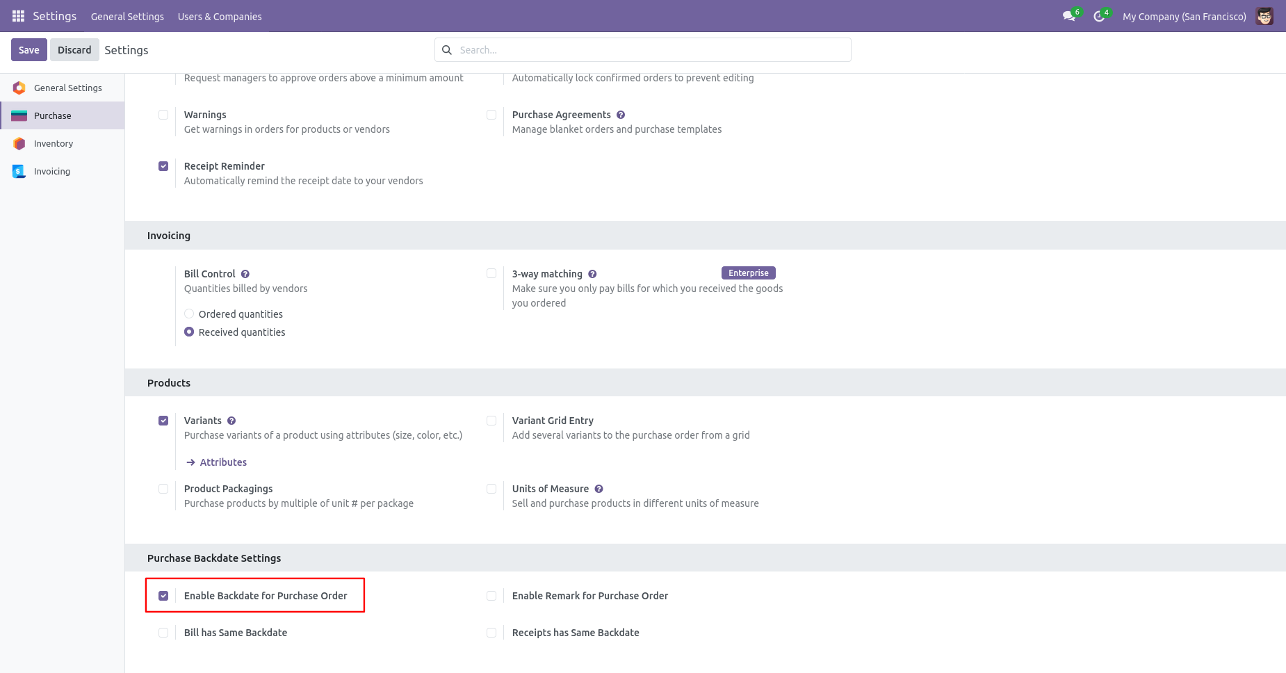 Odoo Purchase settings with backdate option