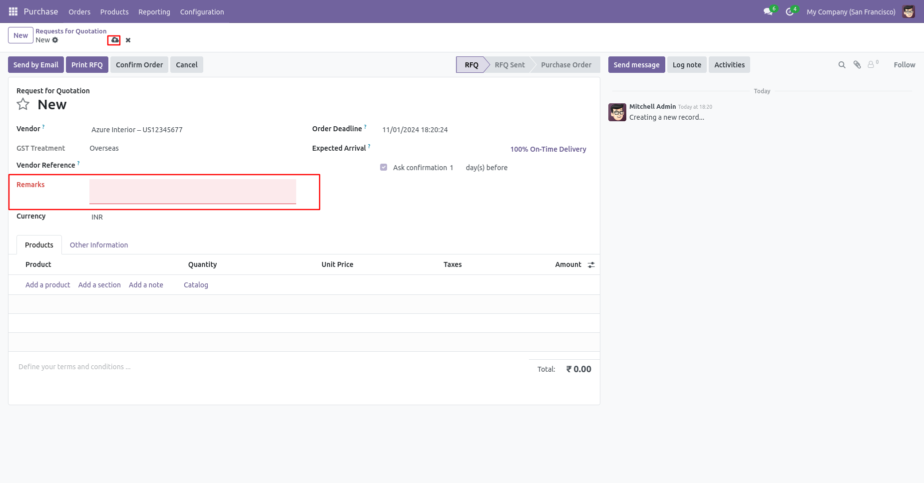 Odoo purchase order requiring a remark