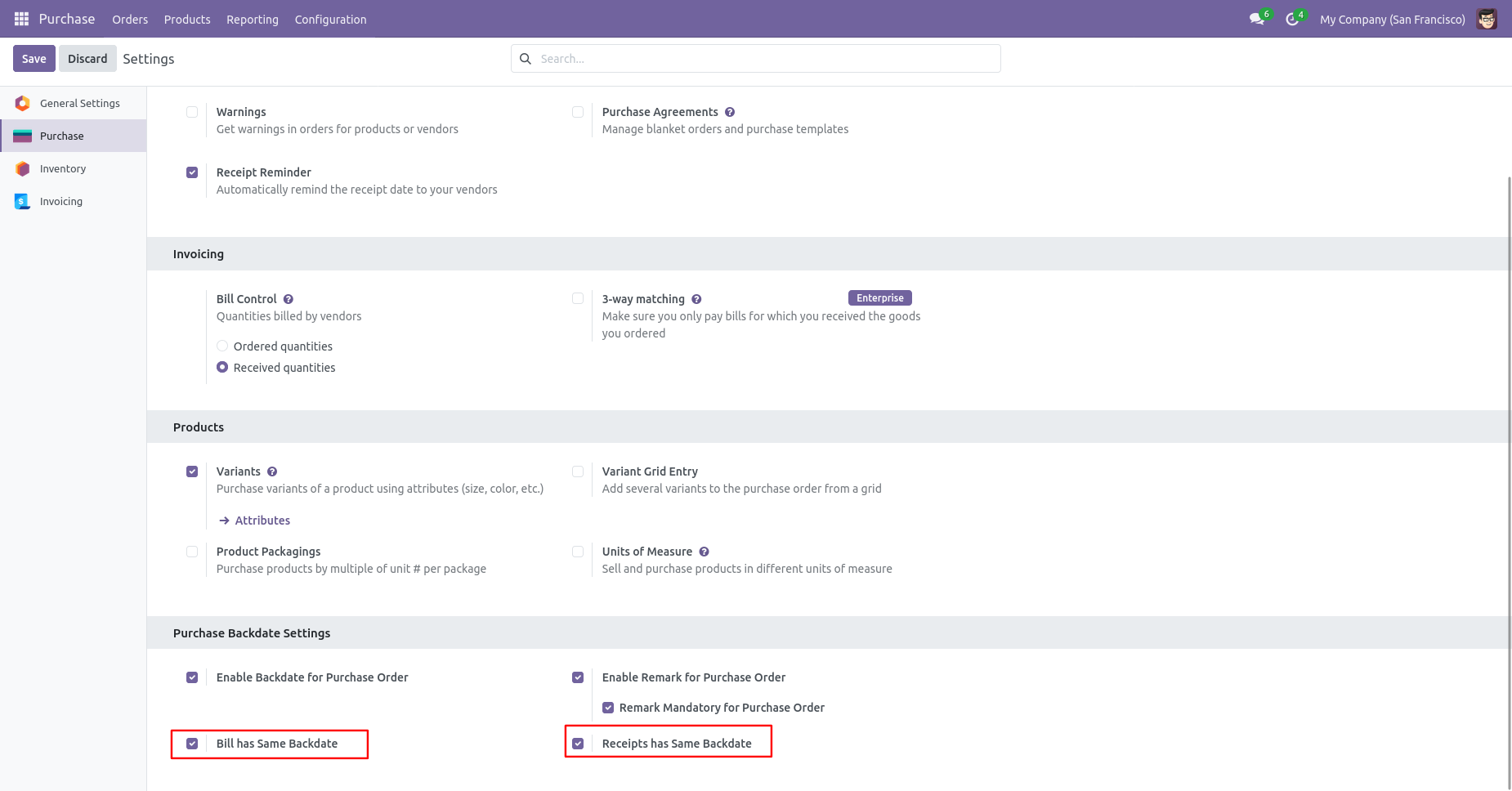Odoo settings for bill and receipt backdate