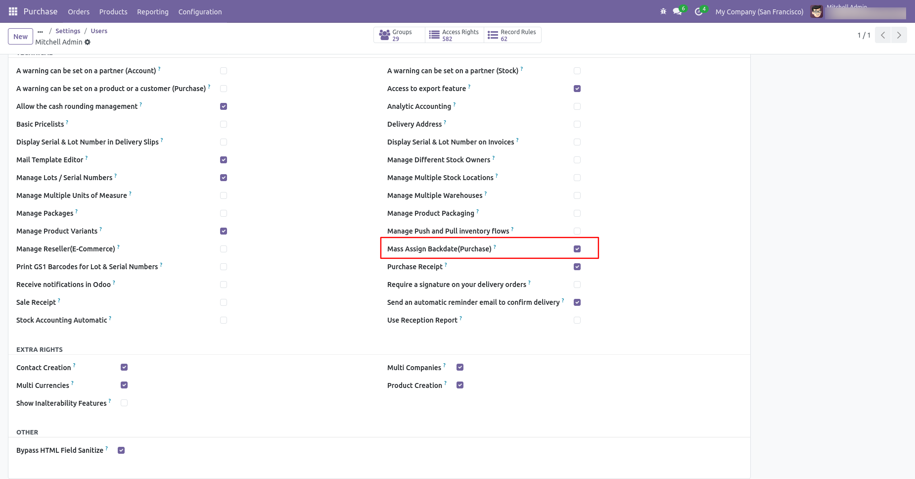 Odoo Purchase settings with mass backdate