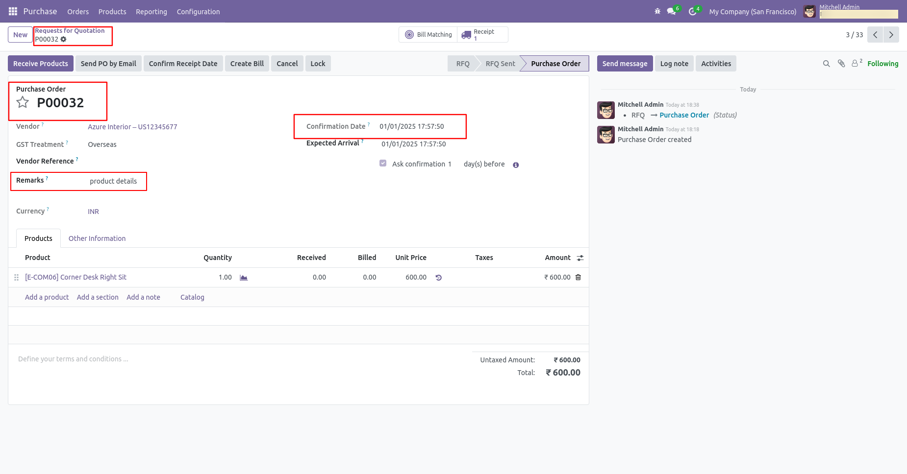 Odoo purchase order with backdate and remarks