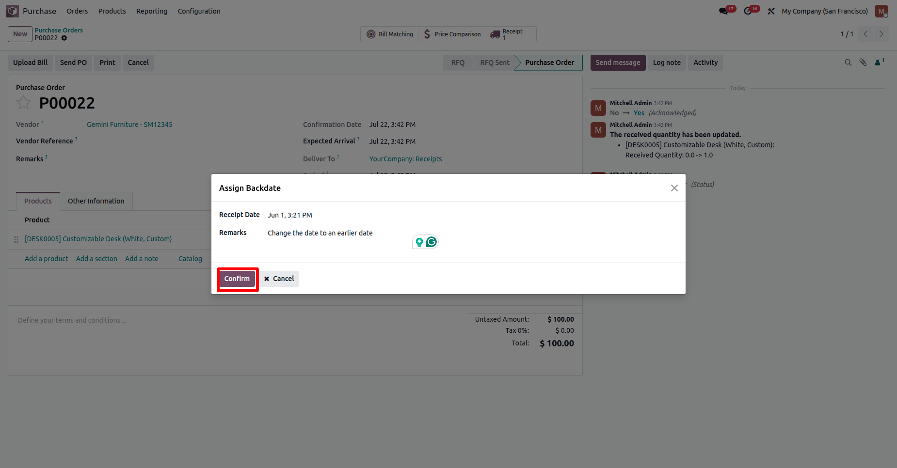 Odoo Purchase Order backdate confirmation