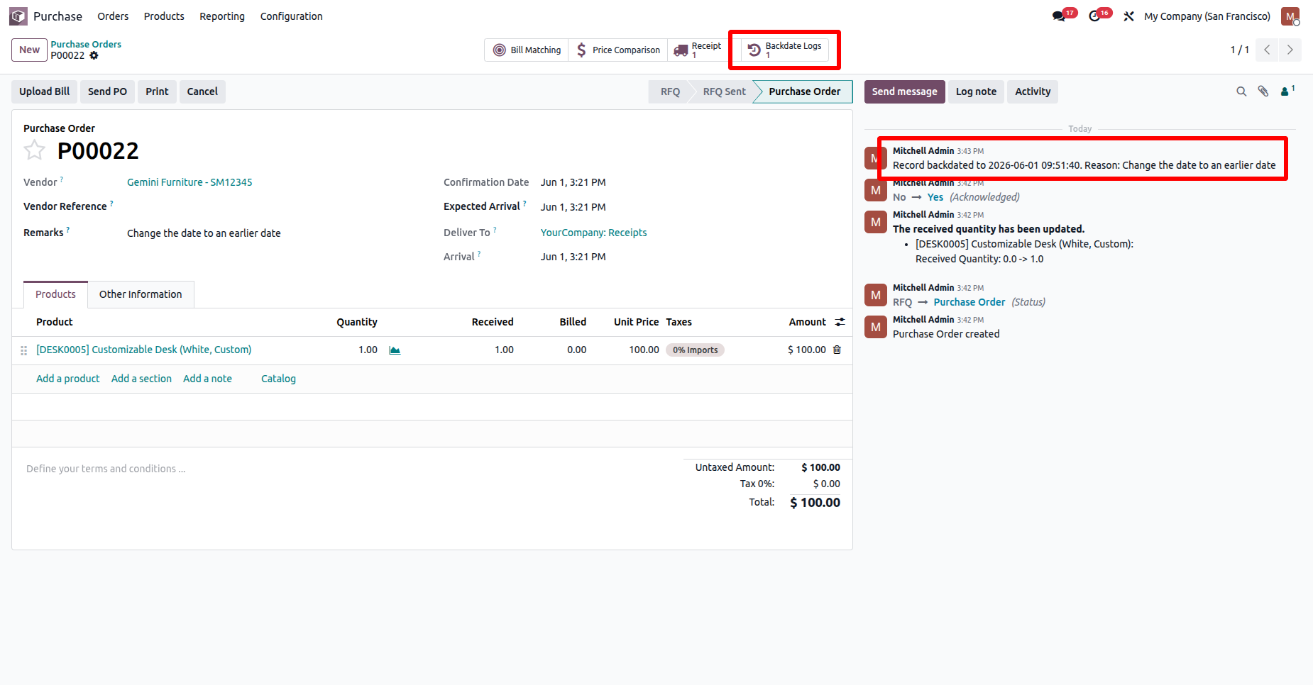 Odoo purchase order with Backdate Logs