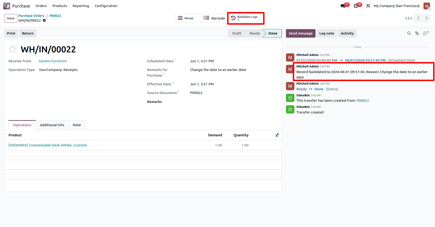 Odoo receipt with Backdate Logs