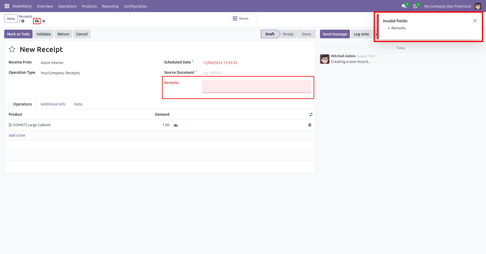 Odoo receipt requiring a remark