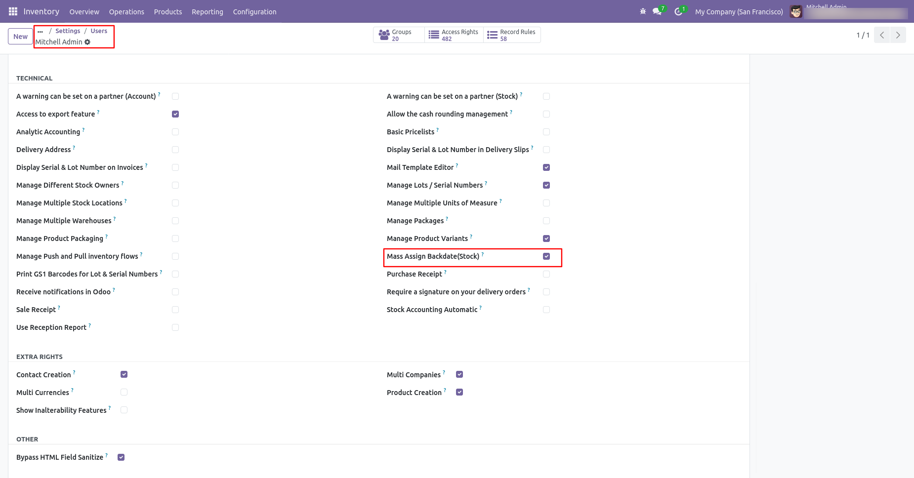 Odoo Inventory settings with mass backdate