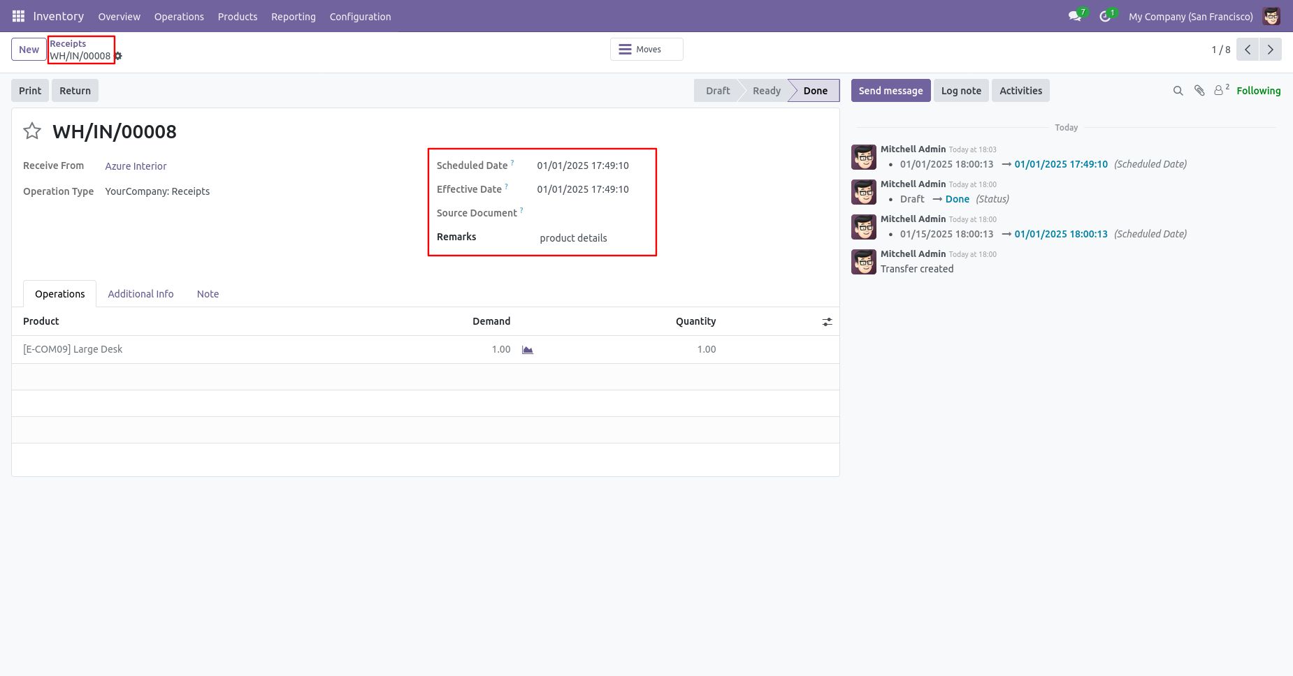 Odoo receipt with backdate and remarks