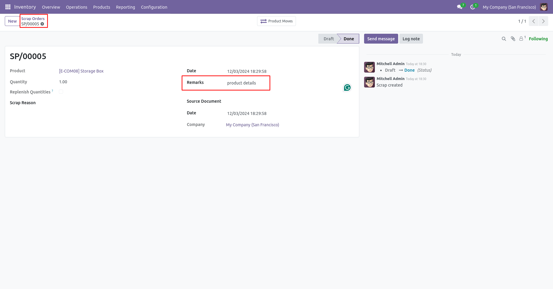 Odoo scrap order with remarks