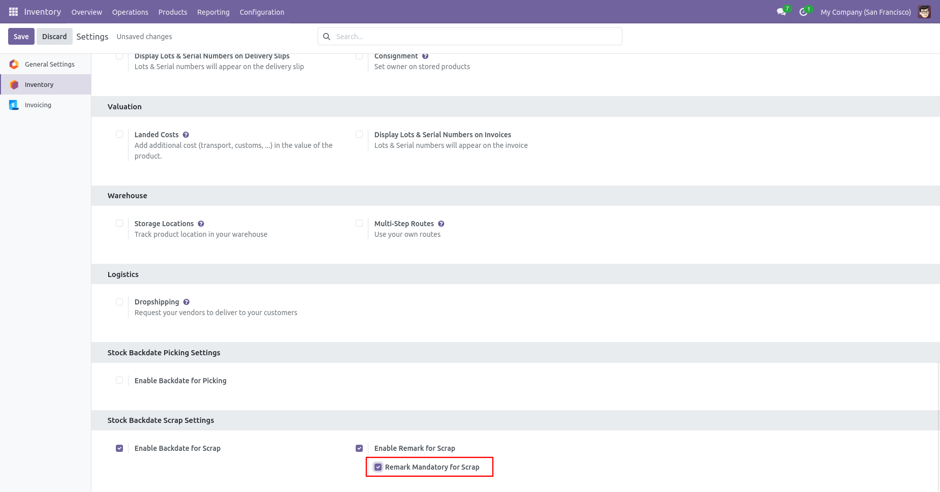 Odoo Scrap settings with mandatory remarks