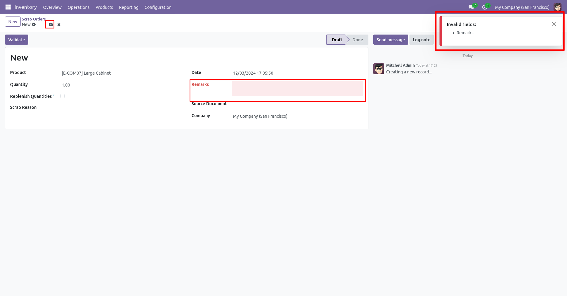 Odoo scrap order requiring a remark