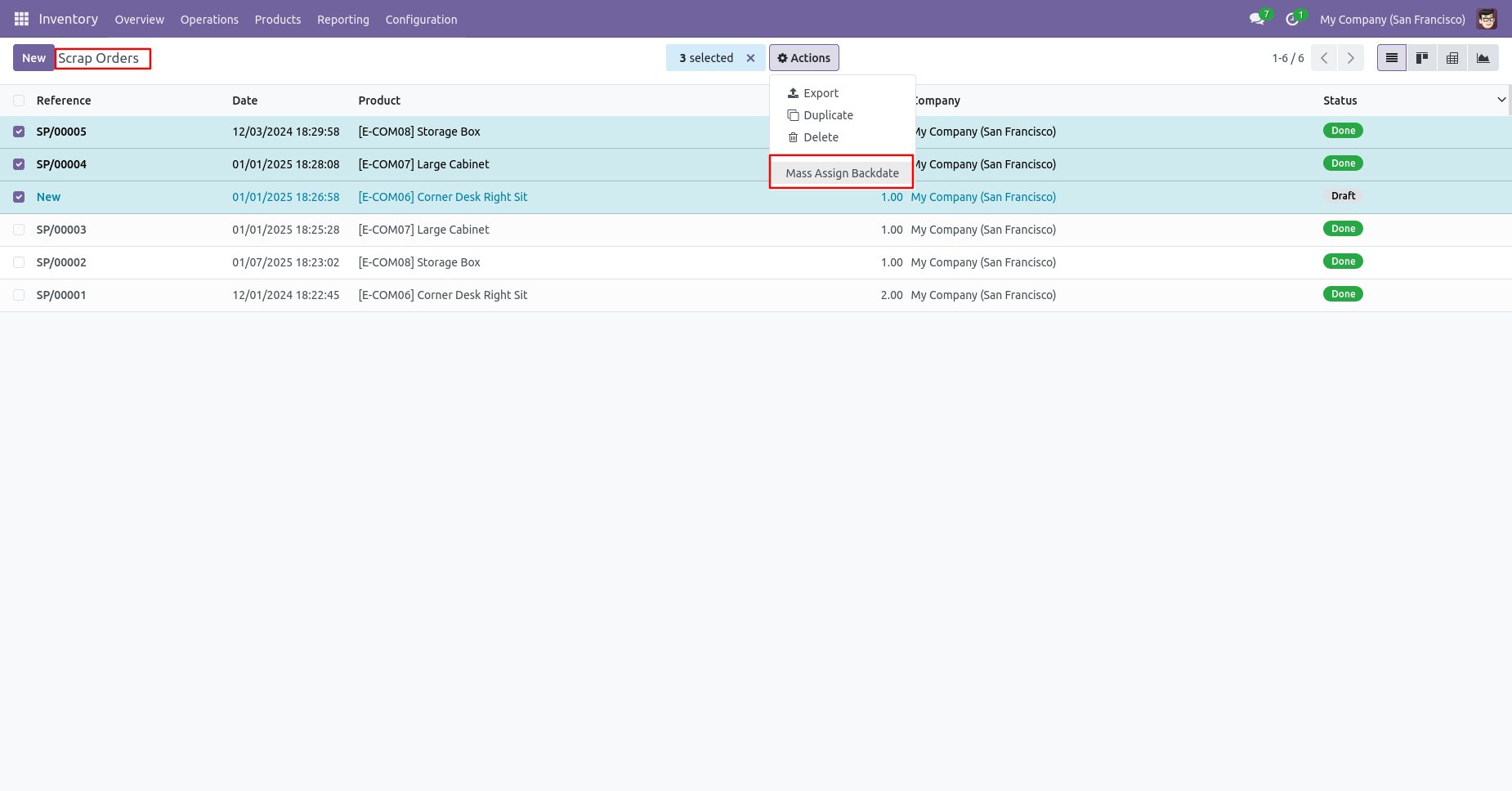 Odoo scrap order list with Mass Assign Backdate