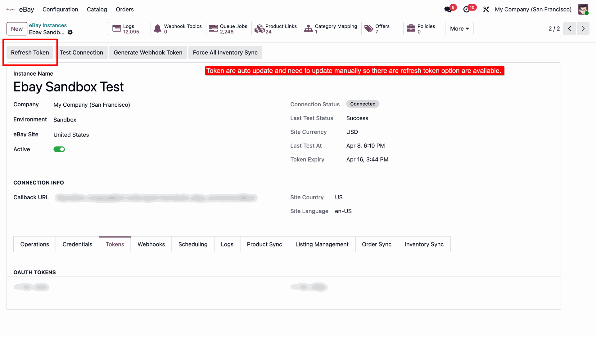eBay OAuth tokens tab