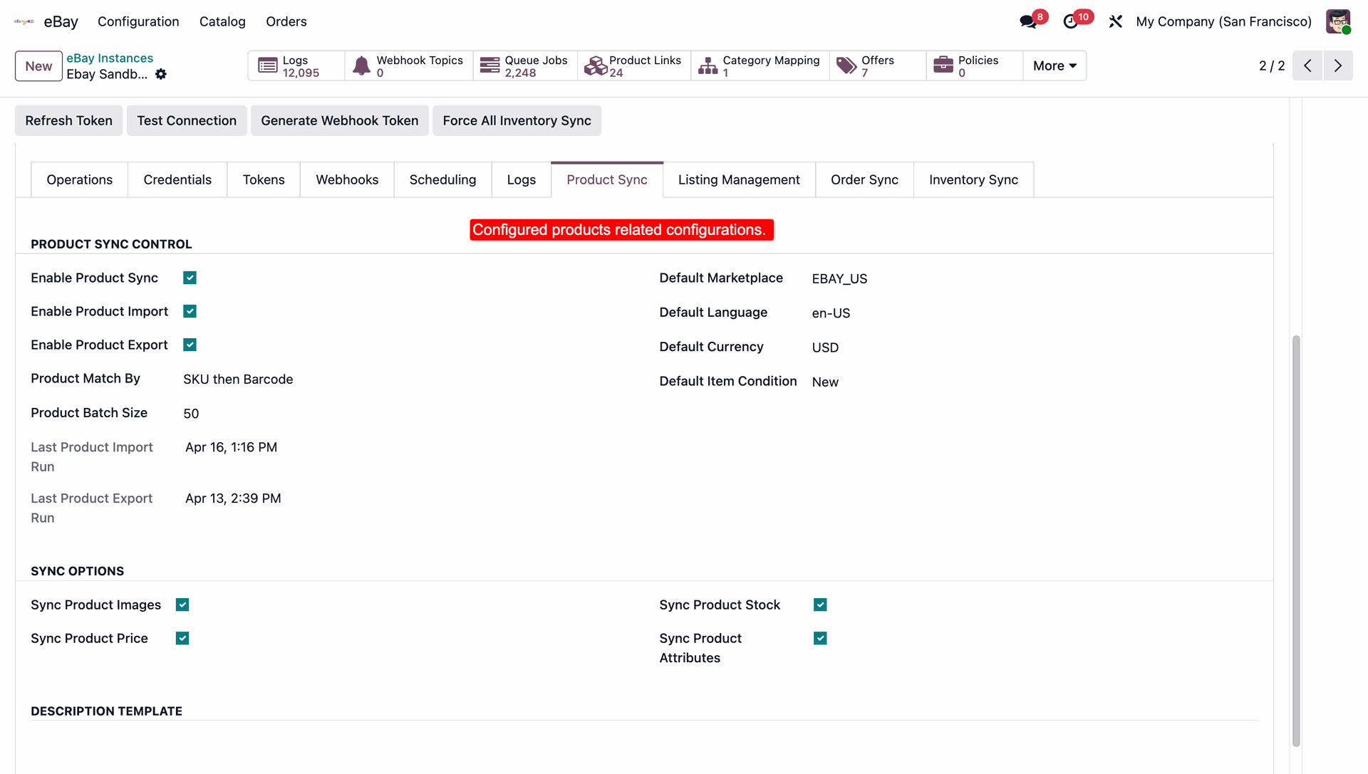 eBay Product Sync configuration tab