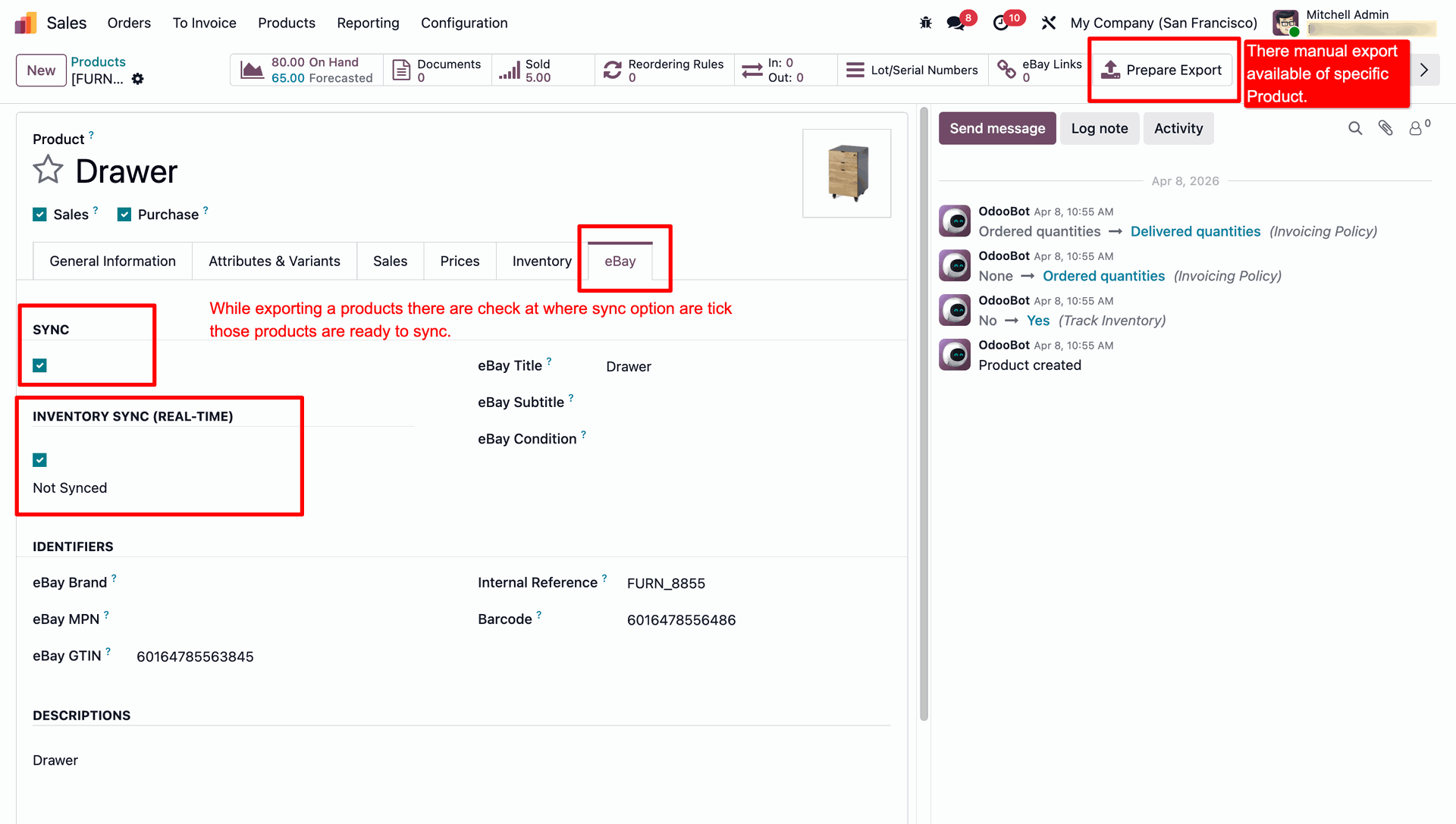 Product eBay tab with sync fields