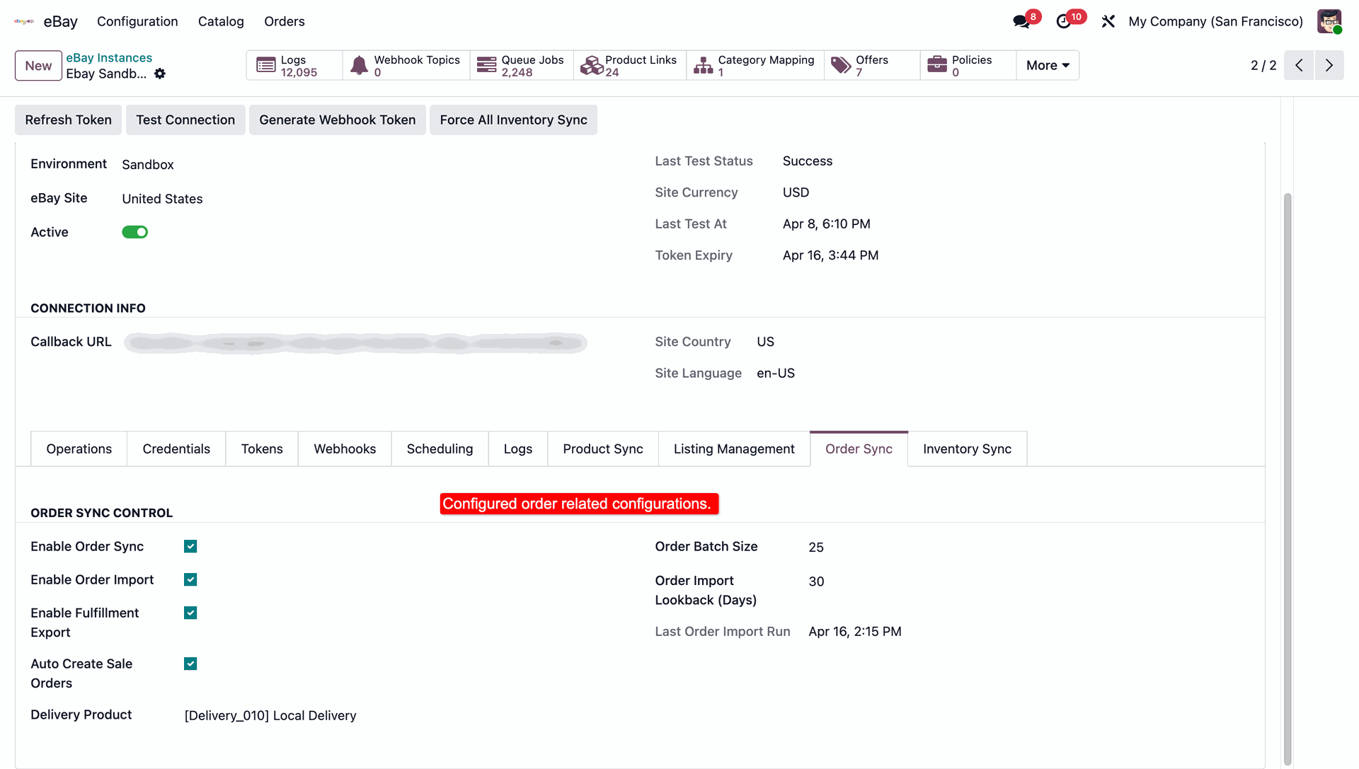 eBay Order Sync configuration tab