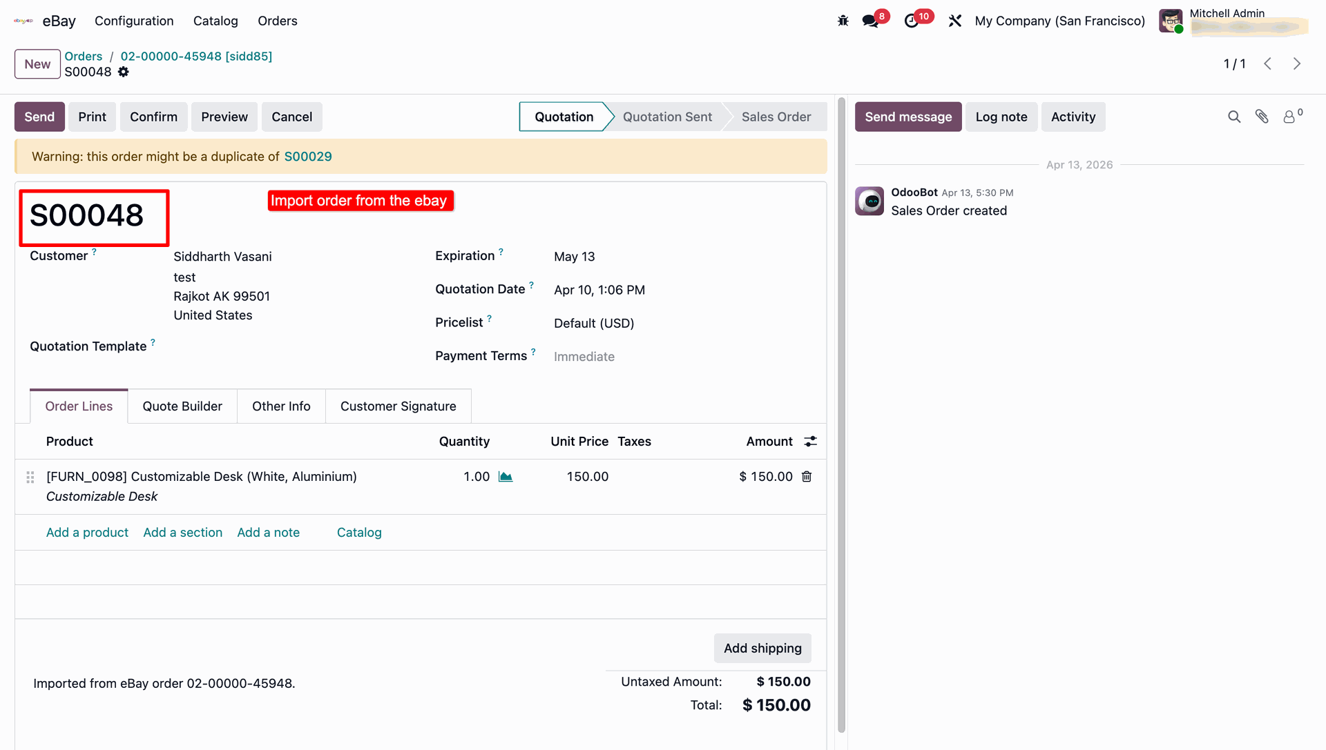 Auto-created Odoo sales order from eBay order