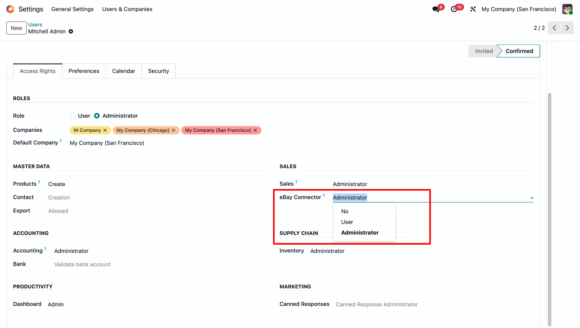 eBay Connector user access rights
