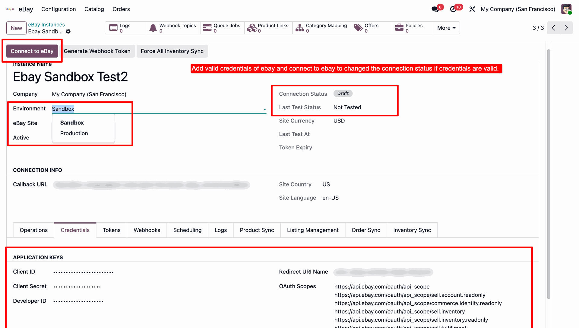 eBay instance credentials and OAuth scopes