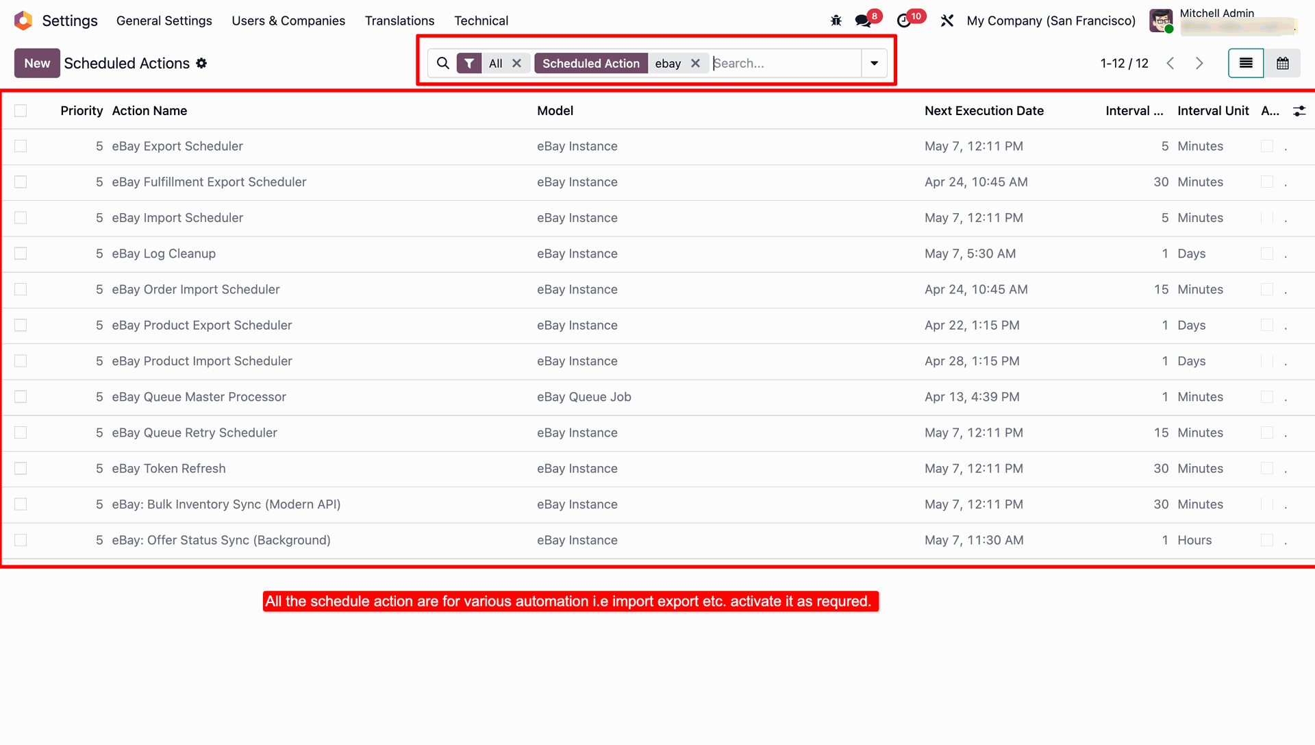 eBay scheduled actions (cron jobs) list