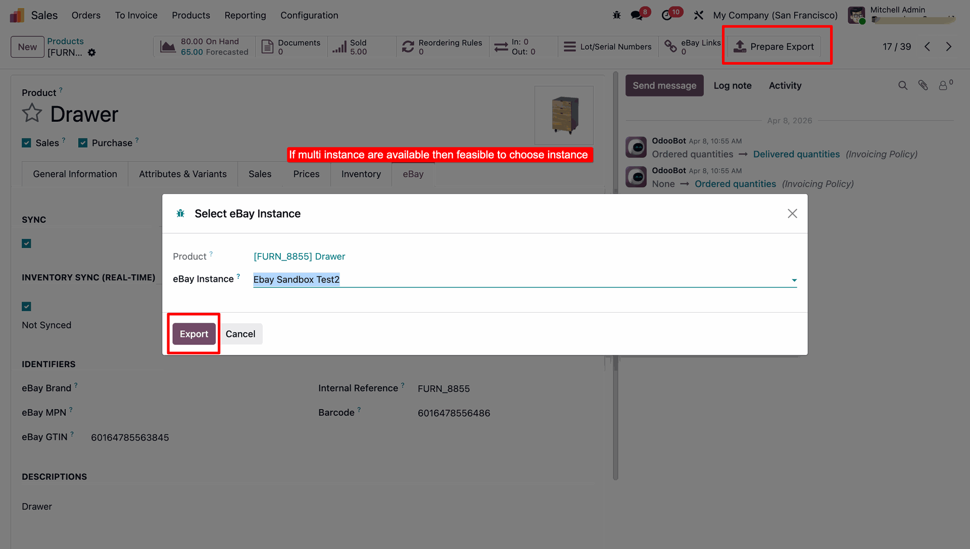 Select eBay instance export wizard