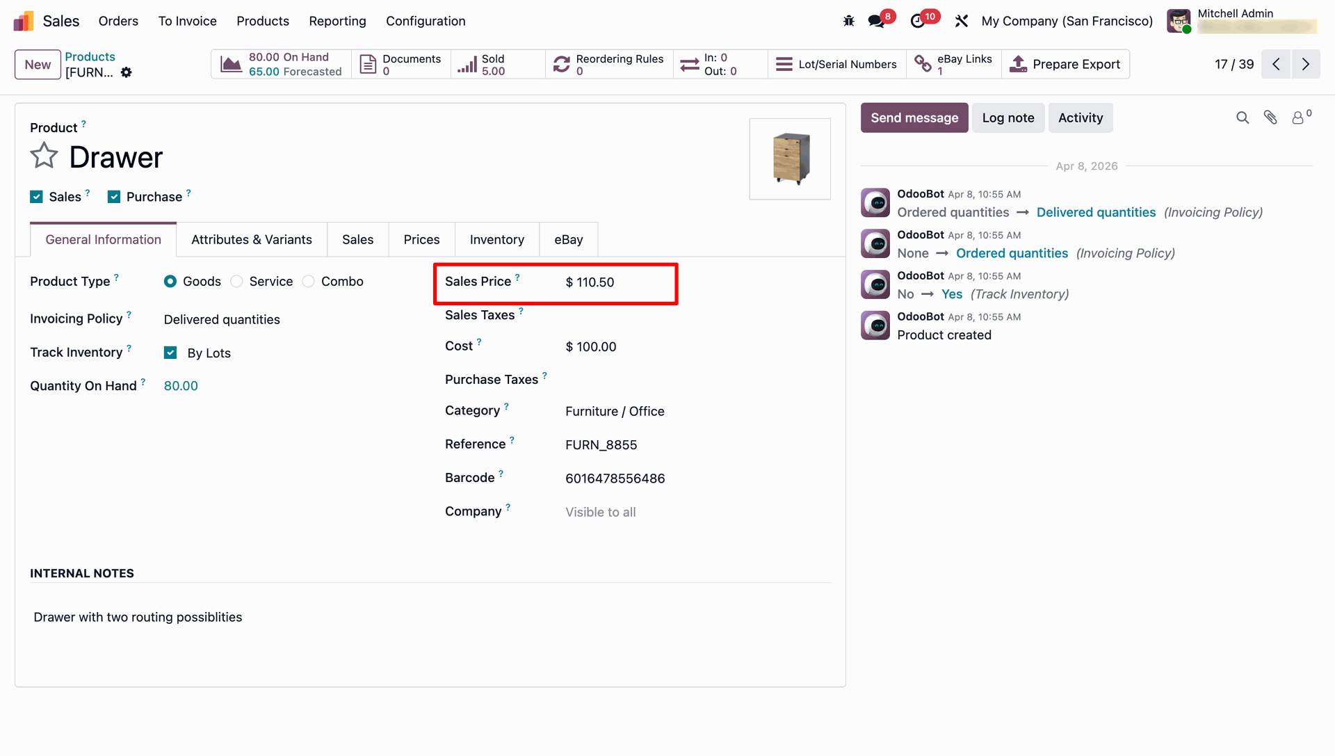Odoo product general information tab