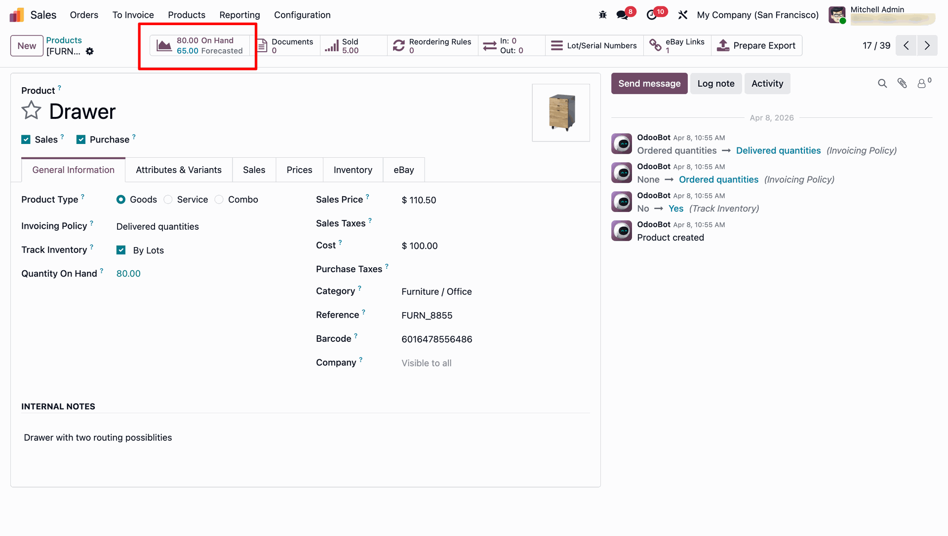 Odoo product on-hand and forecasted quantity