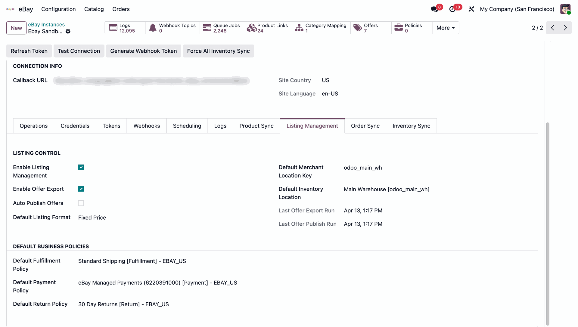 eBay Listing Management configuration tab