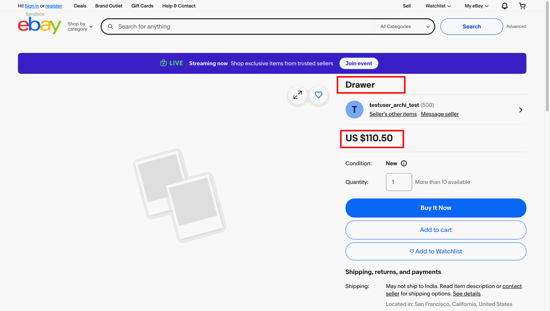 Live eBay sandbox listing