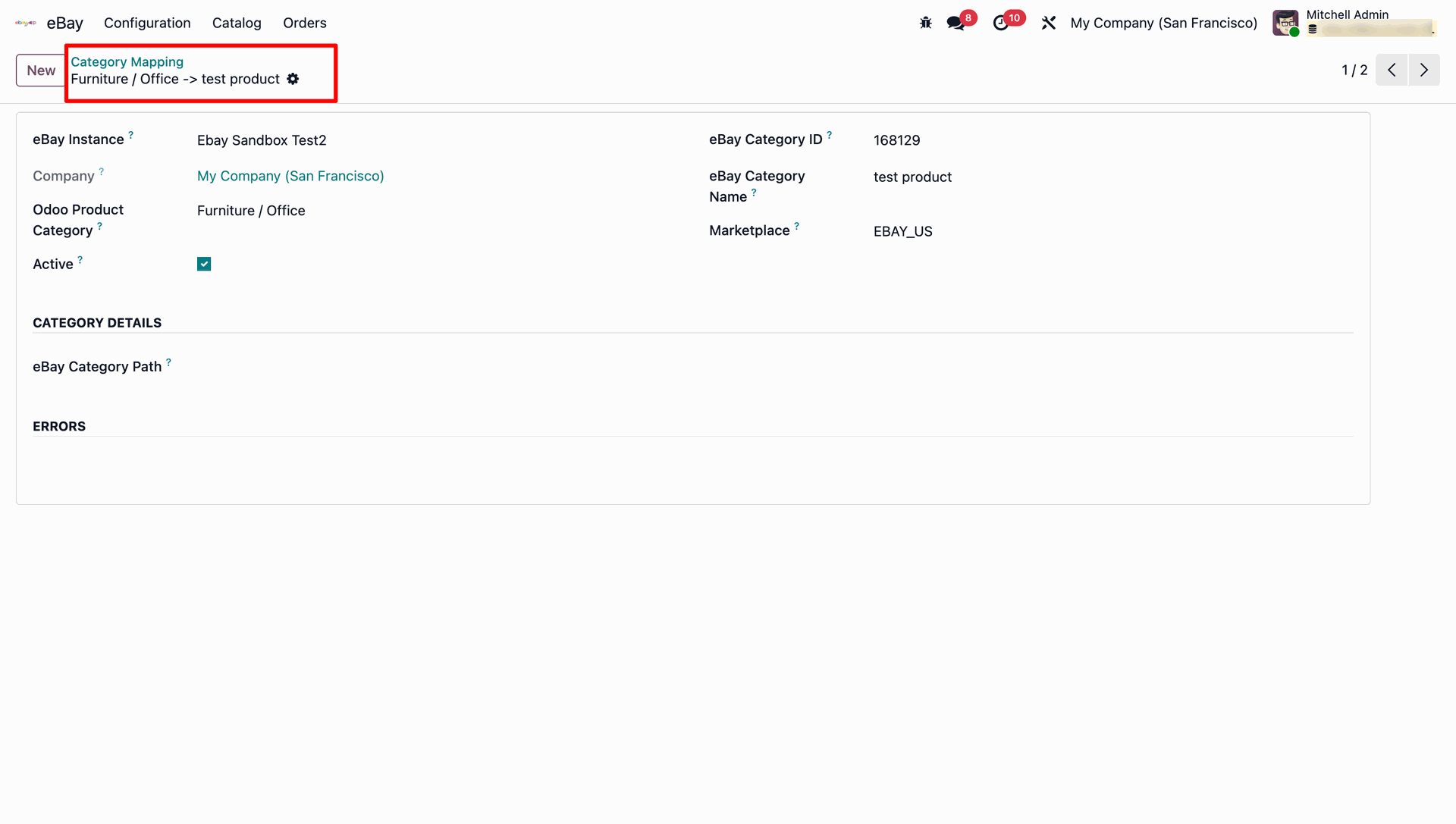eBay category mapping form