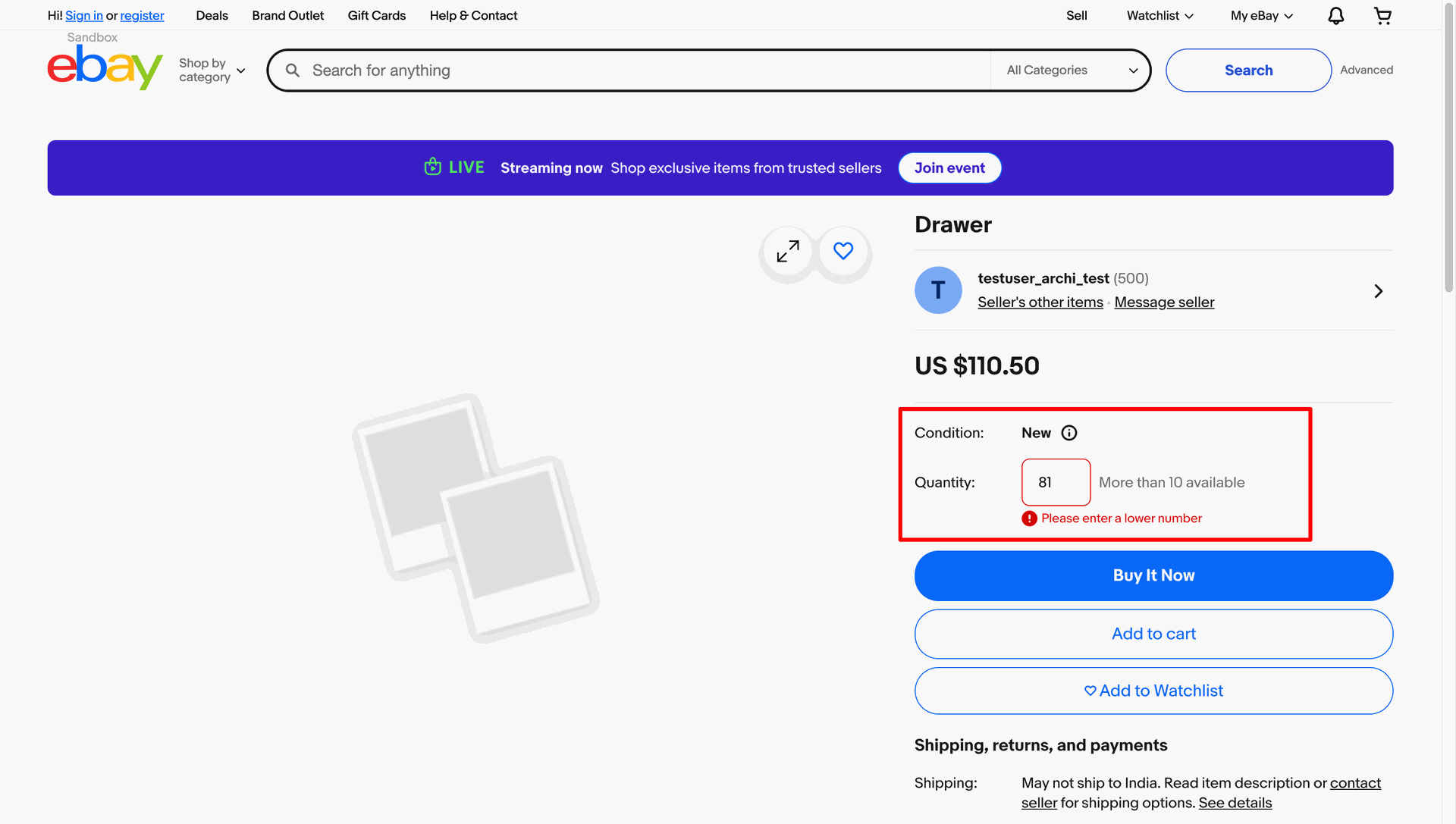 Live eBay listing quantity available