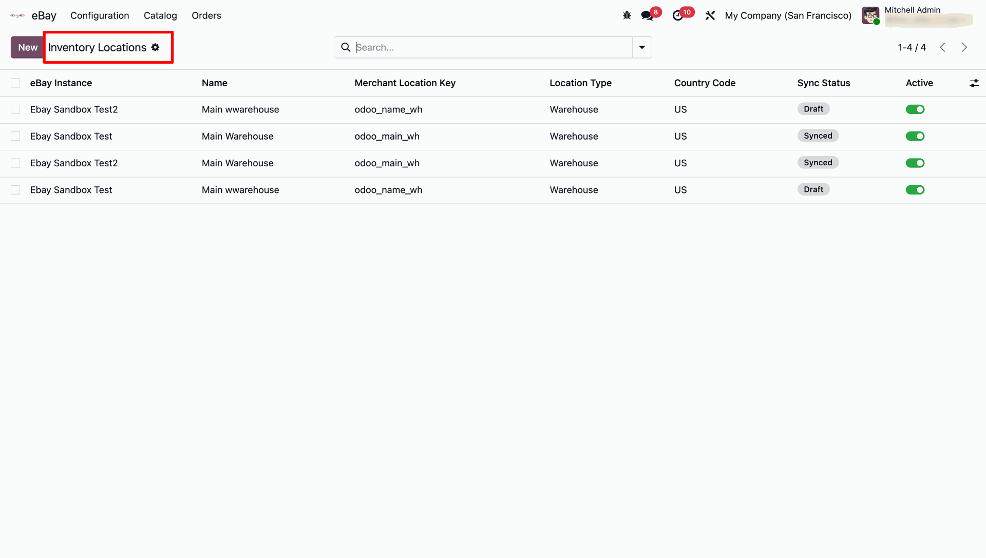 eBay Inventory Locations list