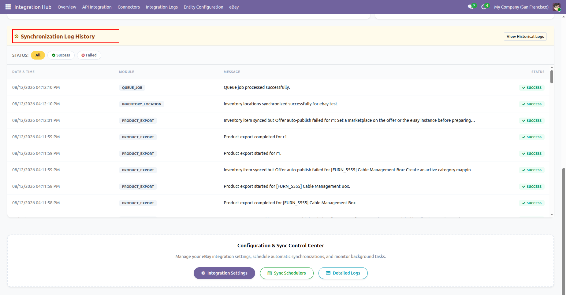 eBay synchronization log history and quick actions