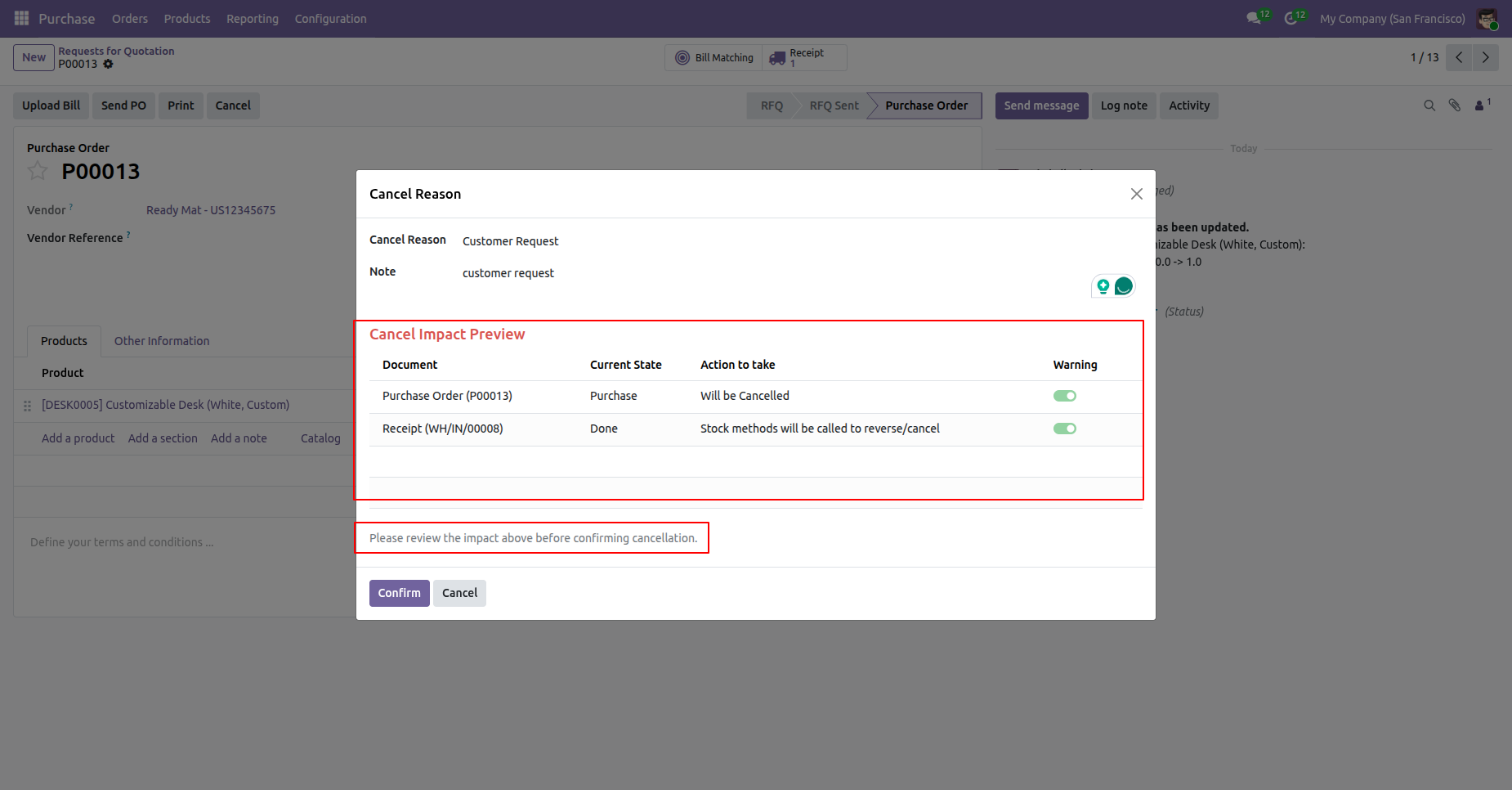 Odoo purchase order cancellation preview
