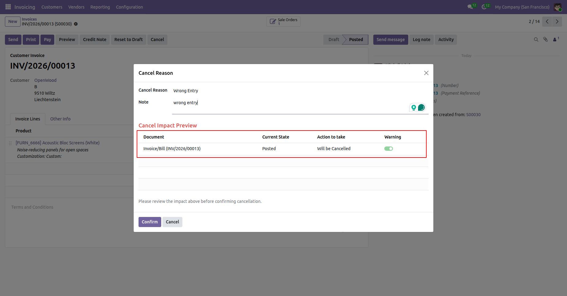 Odoo invoice cancellation preview
