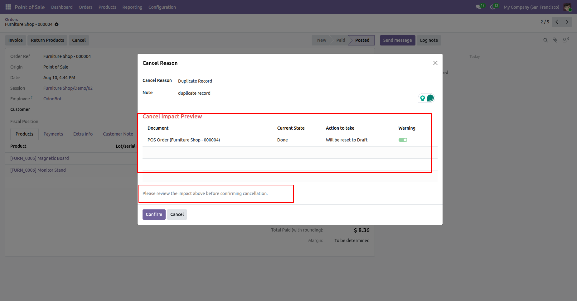 Odoo POS order cancellation preview