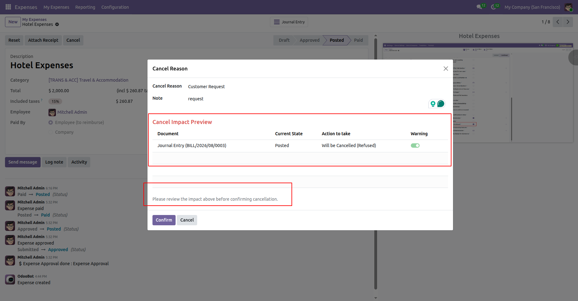 Odoo HR Expense cancellation preview