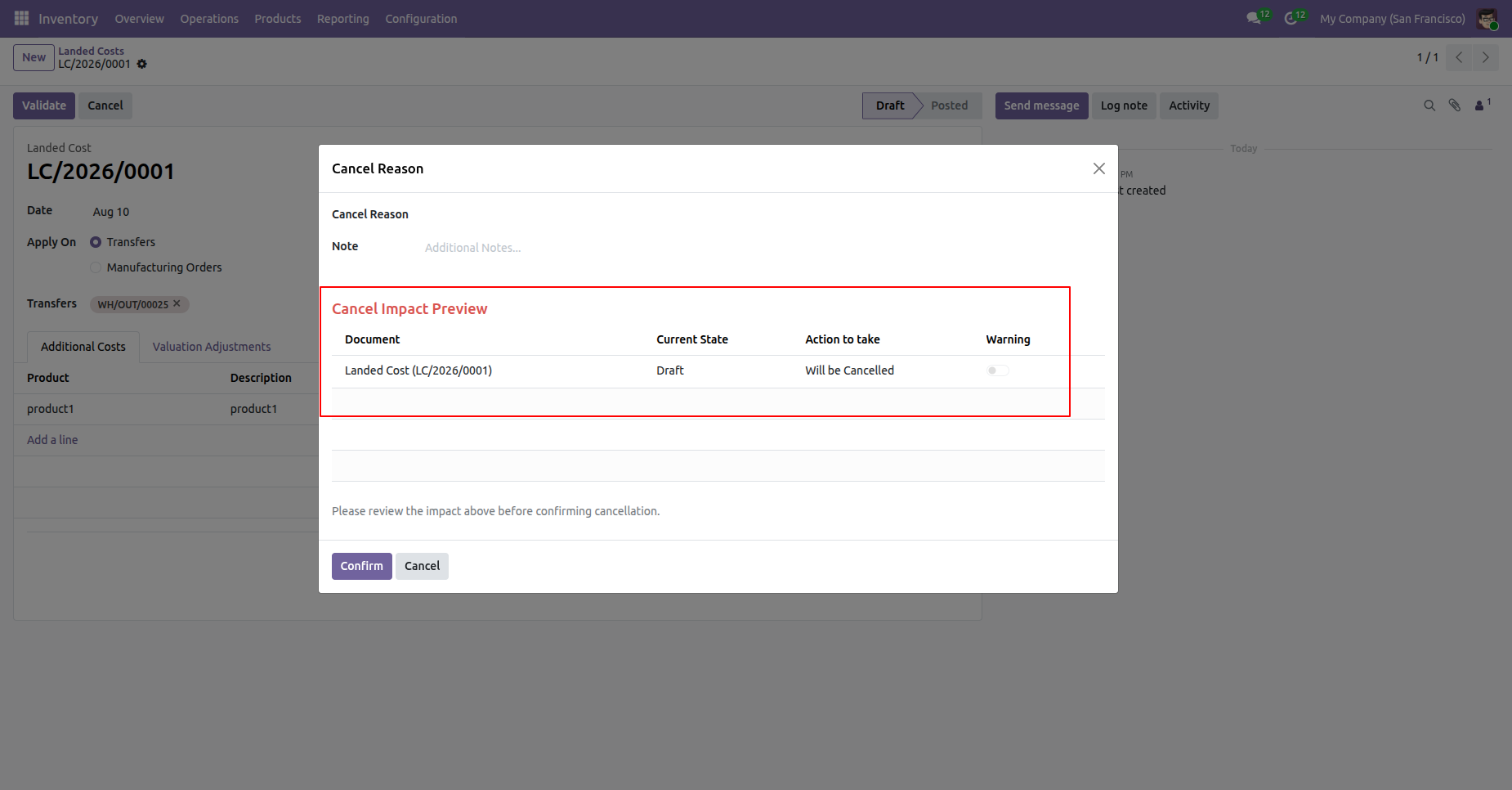 Odoo landed cost cancellation preview