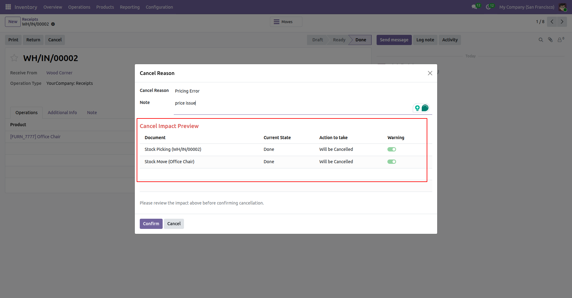 Odoo inventory transfer cancellation preview