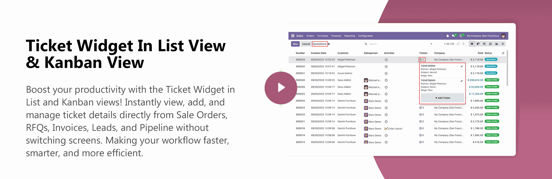 Ticket Widget In List View & Kanban View