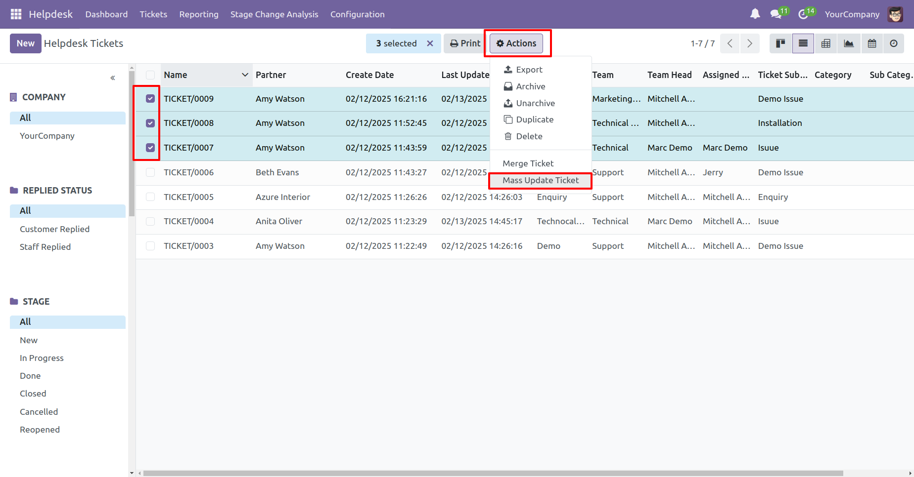 Select Helpdesk tickets for mass update