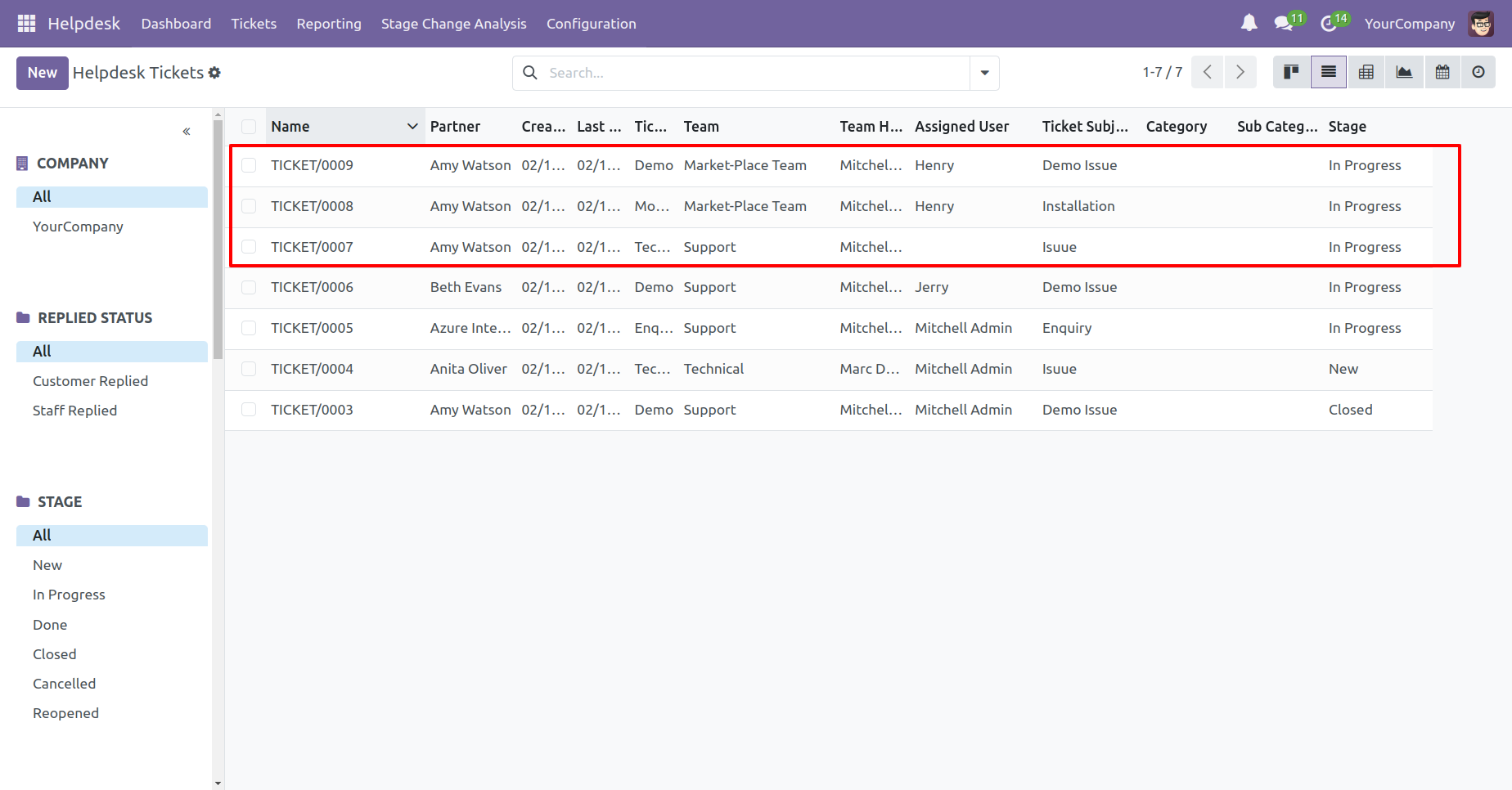 Helpdesk tickets showing updated details