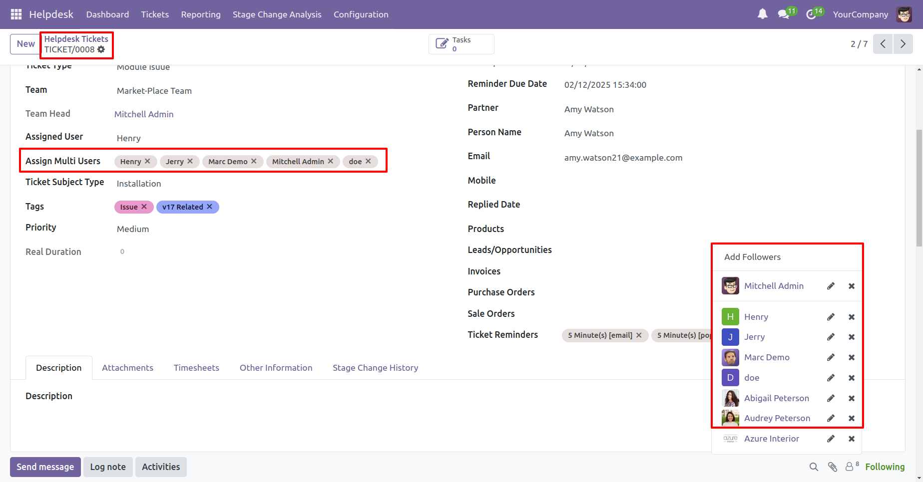Helpdesk ticket showing multiple assigned users and followers