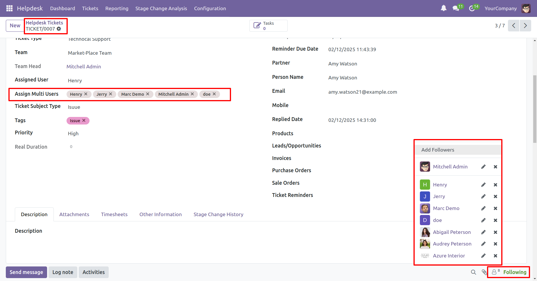 Helpdesk ticket showing multiple assigned users and active followers