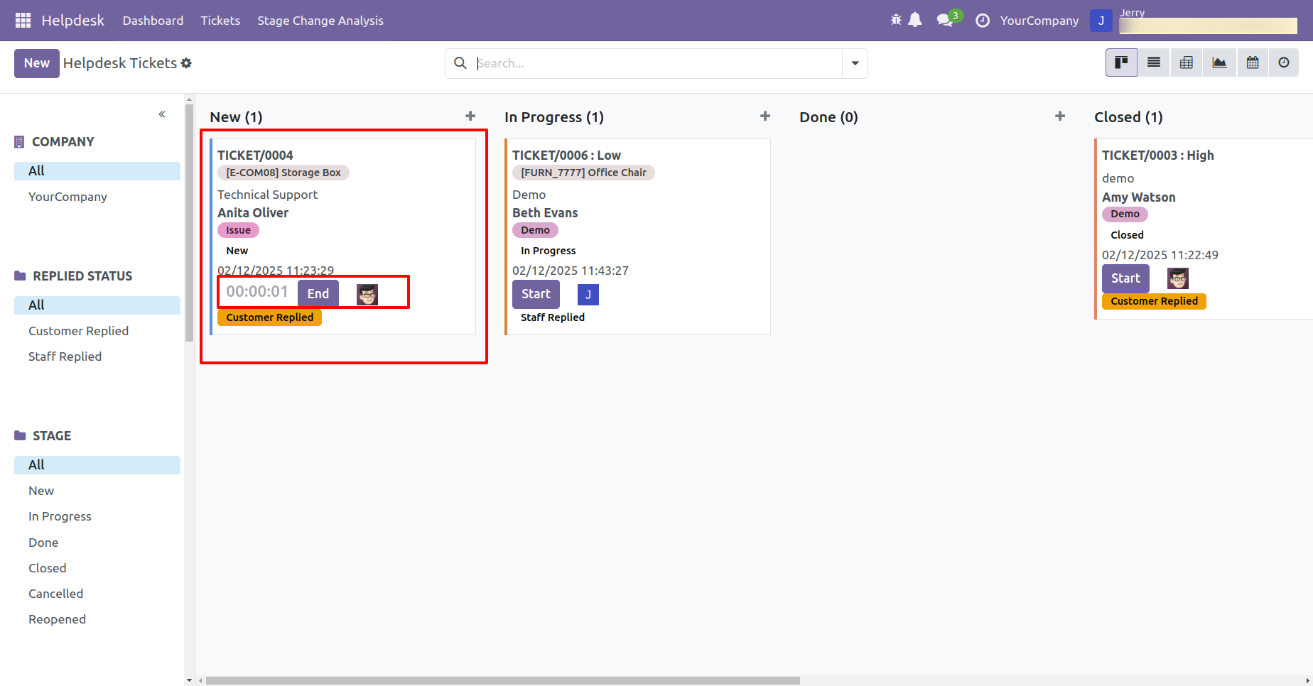 Helpdesk Kanban view showing a running ticket timer