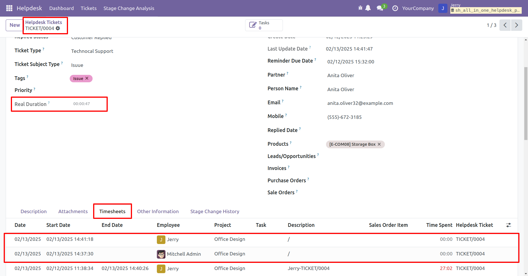 Helpdesk ticket running timer in the Timesheets tab