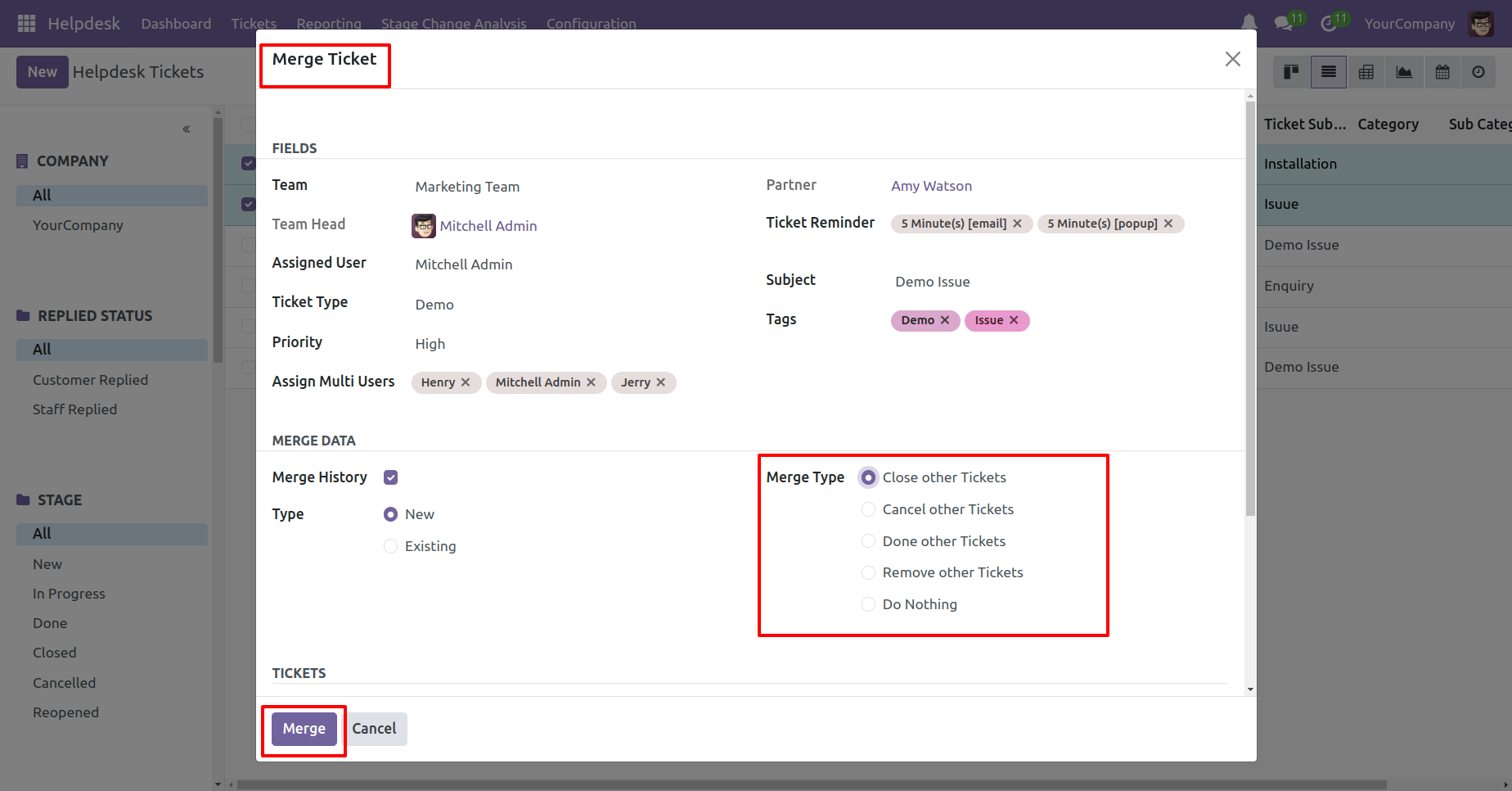 Merge Ticket wizard with ticket details